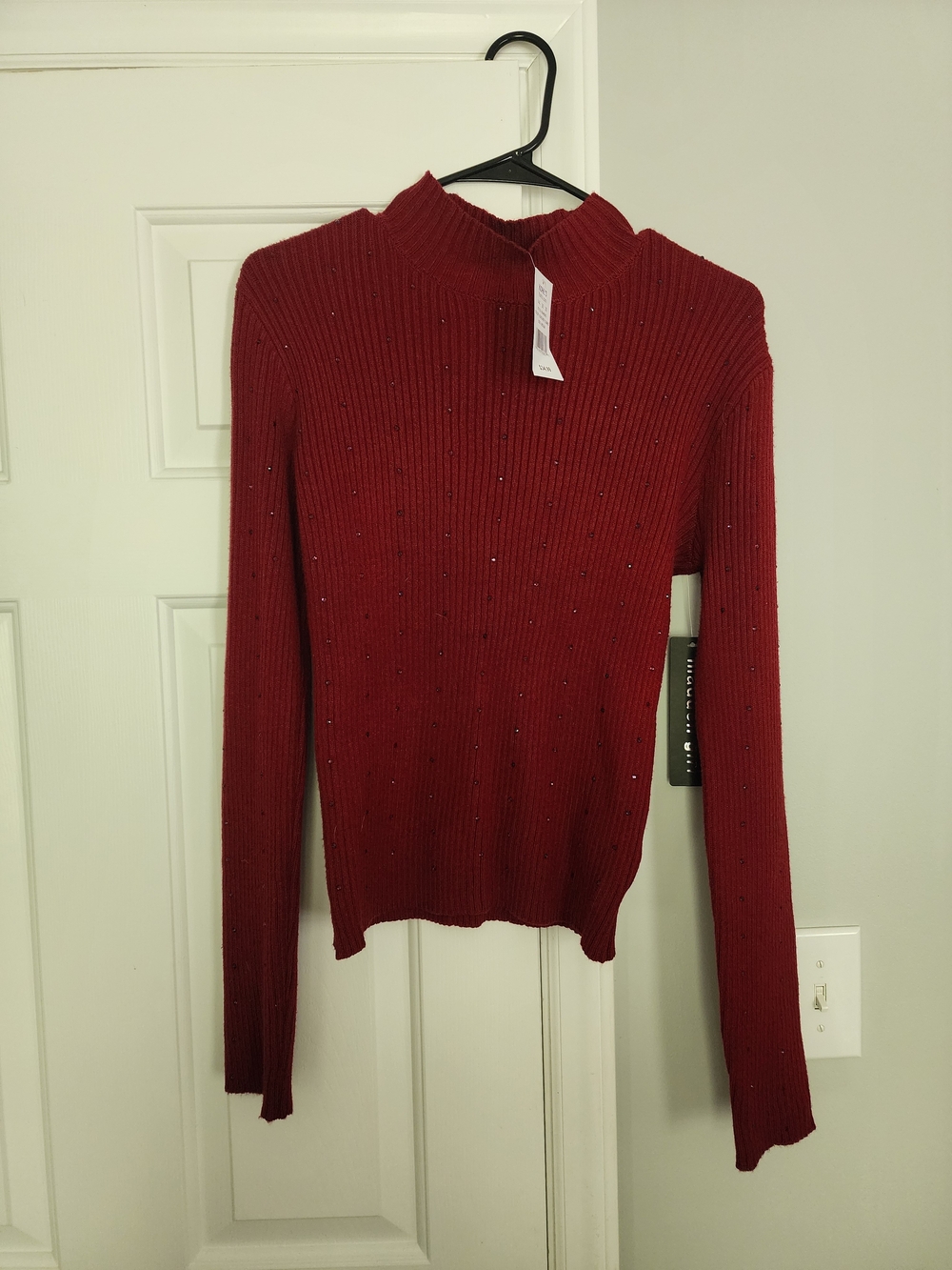 Madden Girl Red Ribbed Mock Neck Sweater with Stud Detail